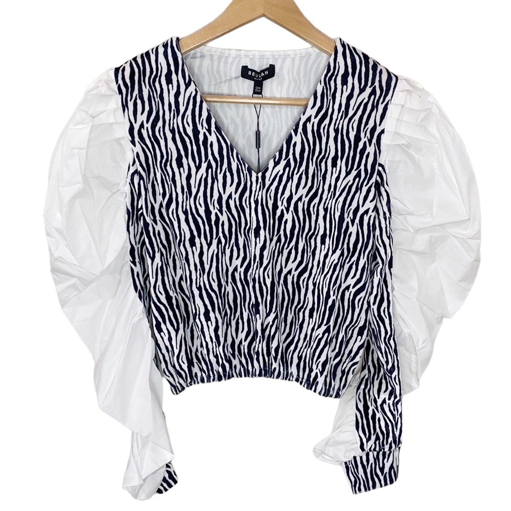 Beulah mixed media velour zebra print v-neck blouse with gathered puff OS